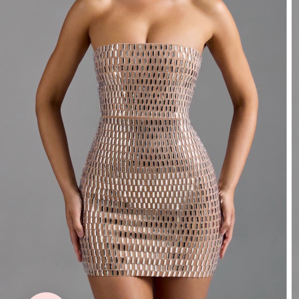 Oh Polly Aurora Embellished Bandeau Mini Dress in Almond - long